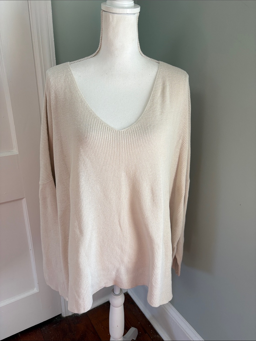 Eileen‎ Fisher Organic Cotton Cream V-Neck Ribbed Women's Sweater Size 2X